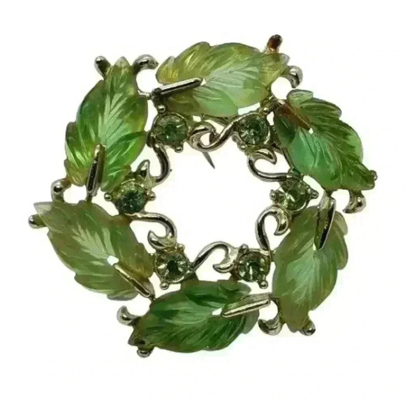 Vintage Brooch Molded Green Leaves & Rhinestones Wreath Detailed Vines